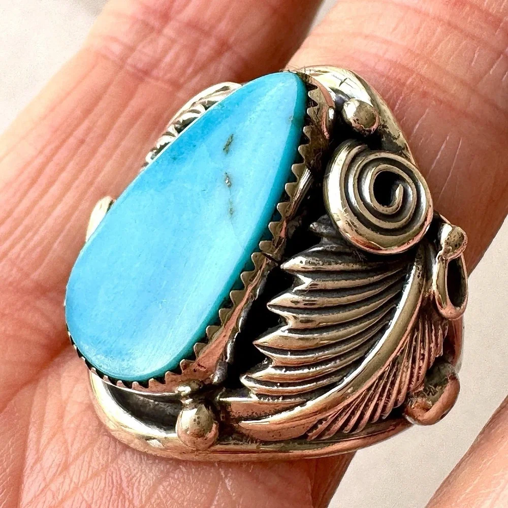 Navajo Turquoise Mens Ring Sz 12 Leaf Feather Signed Morgan Sterling Native Amer